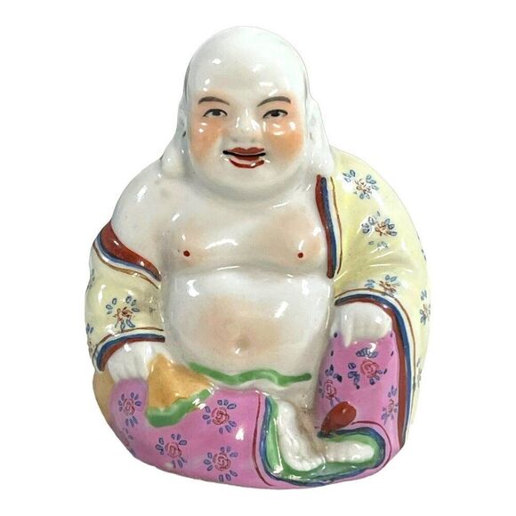 Chinese Famille Rose Porcelain Happy Laughing Buddha Figurine 3.5" Miniature - Picture 4 of 7